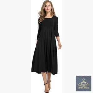 Rayon Midi Dress 3/4 Sleeve A-Line Flare Casual Loose Fit